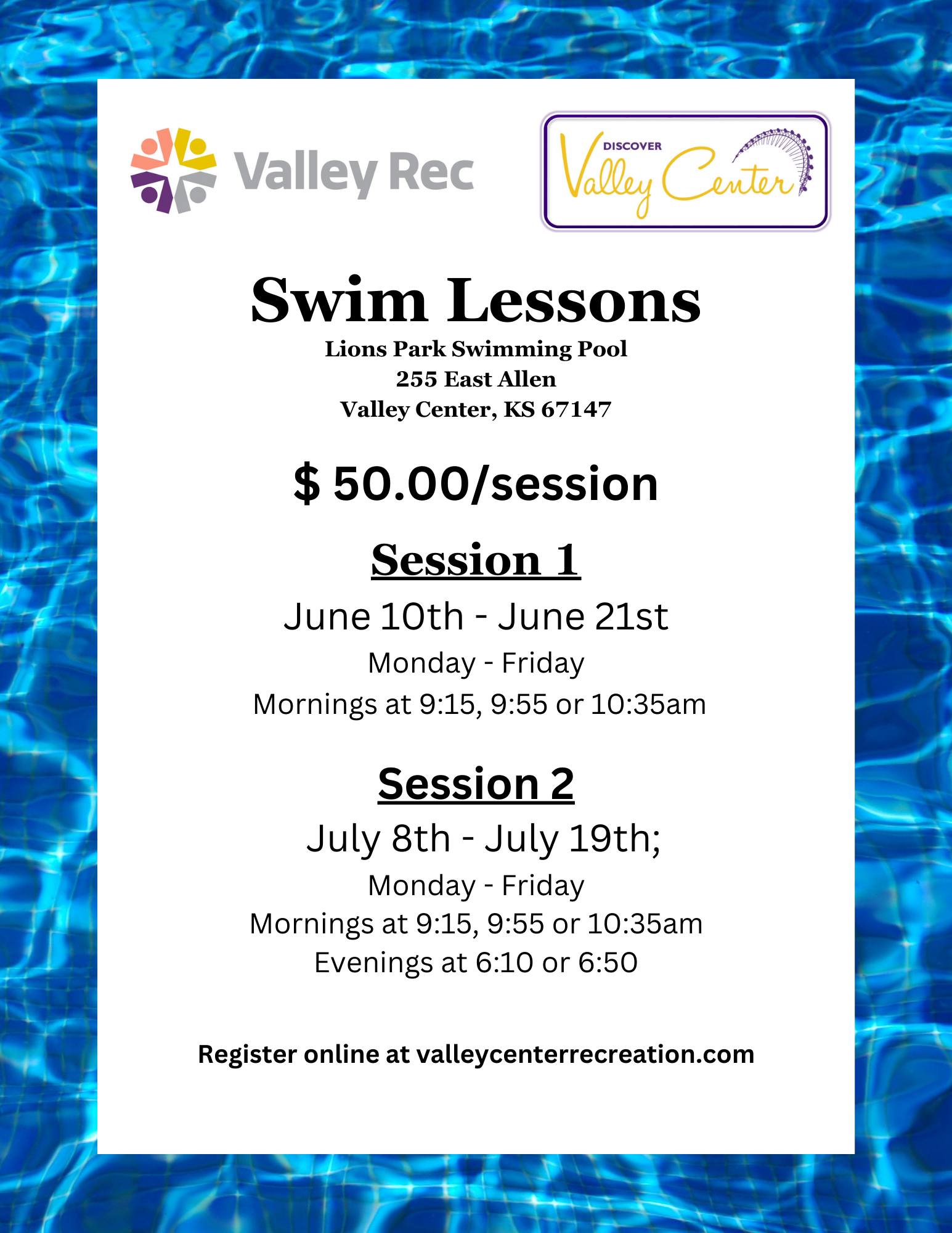 Valley Race swim lessons flyer showcasing class times
